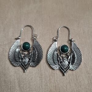 Egyptian scarab beetle silver and green tone boho hook earrings